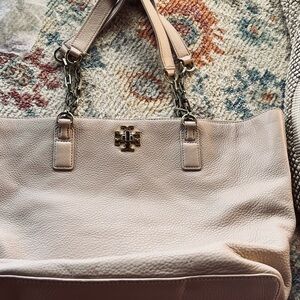 Tory Burch Cream Leather Tote with Chain Accents